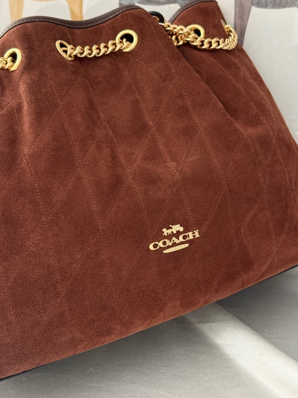 COACH CCZ80 Evelyn Shoulder Bag with Quilting Suede Gold/Vintage Brown/ Mapl WNT - Picture 8 of 13